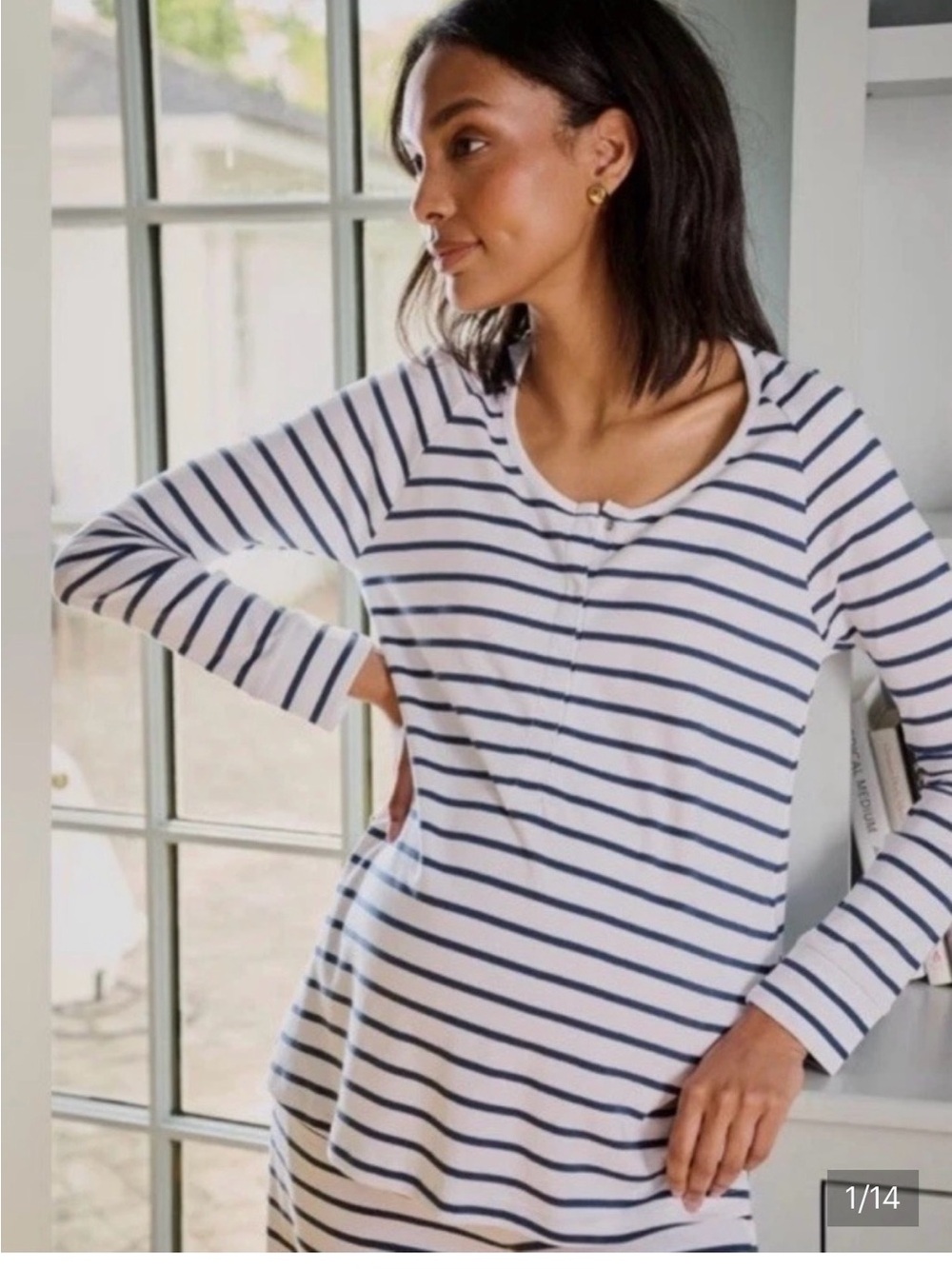LAKE Maternity Striped Long-Sleeve Scoop Neck Top - White & Navy XXL